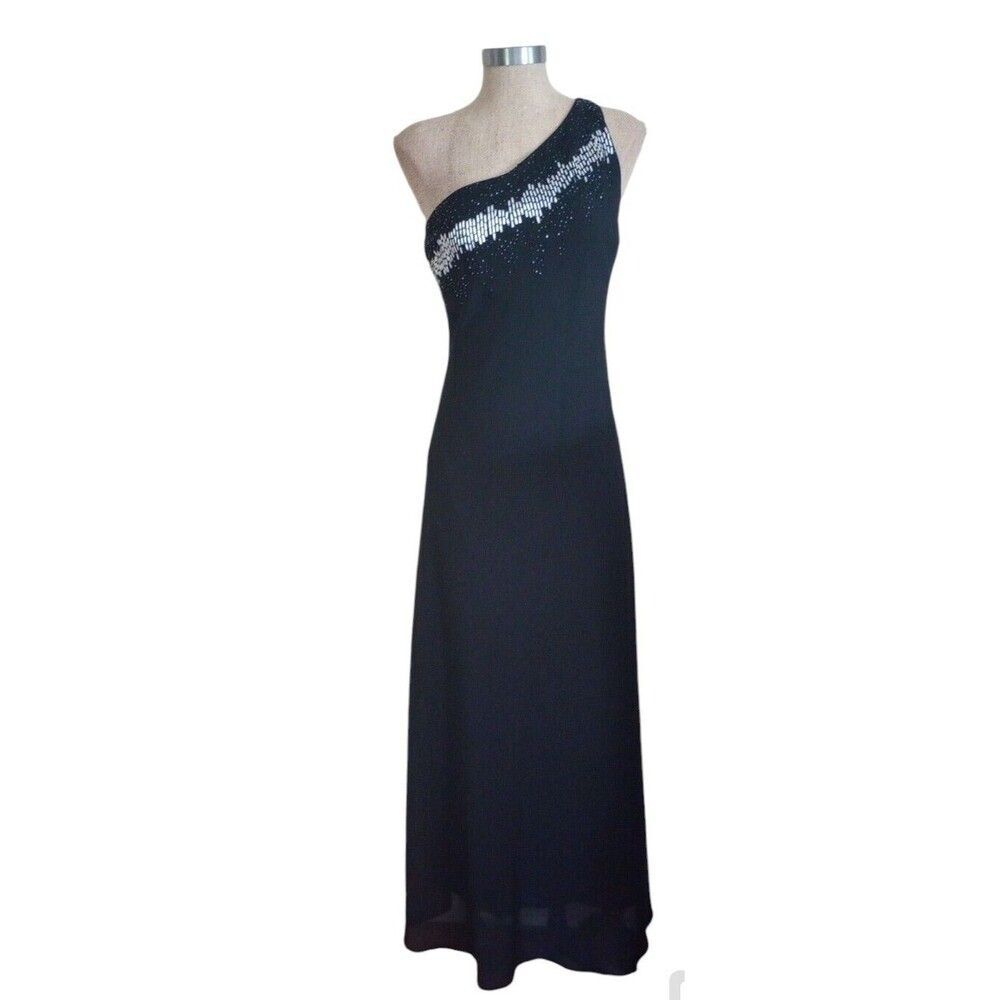 Chelsea Nites Black Beaded Maxi Dress Sz 14 Y2K Formal Vtg 90s Lined 1 Shoulder